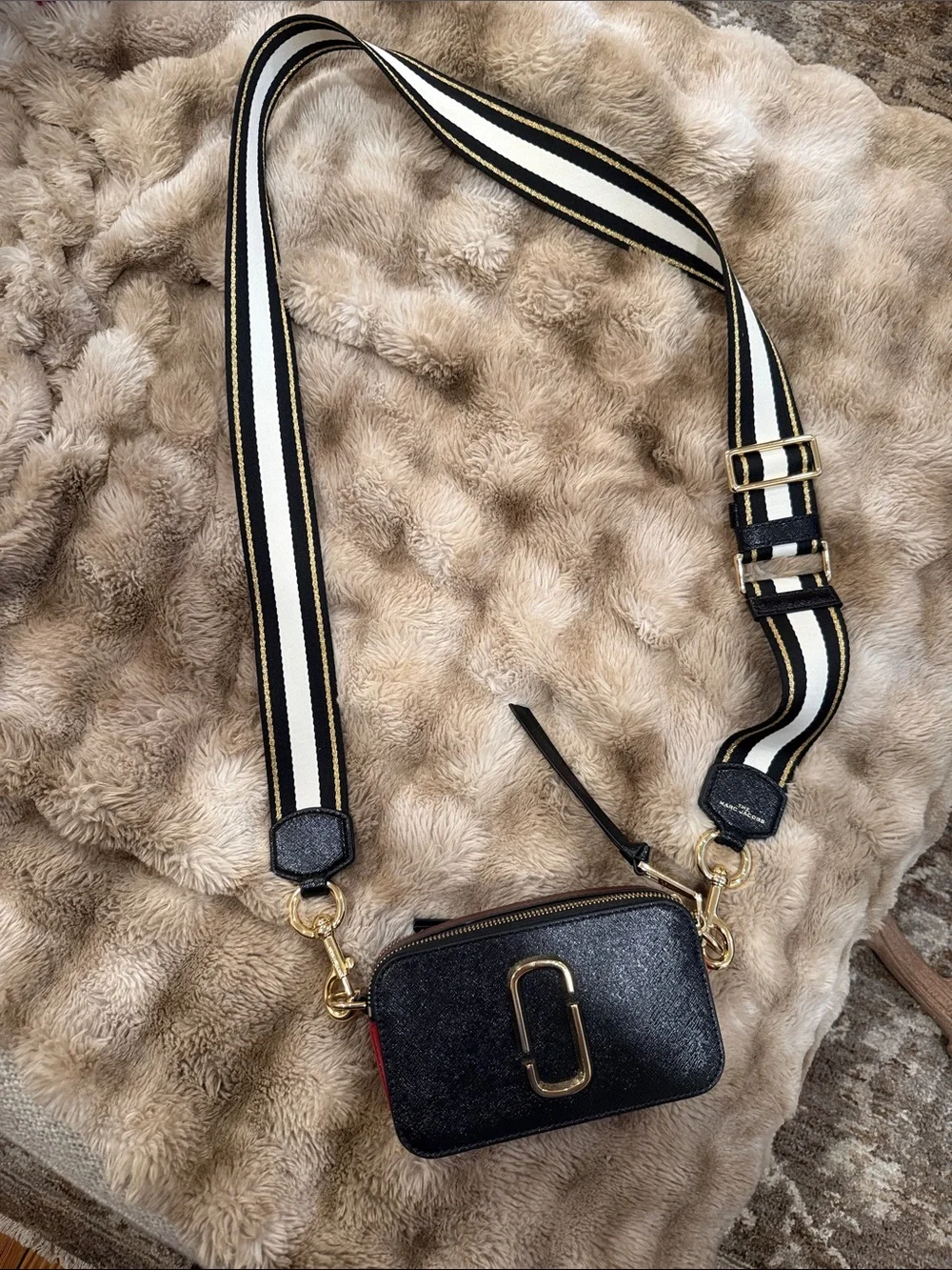 Marc Jacobs Black & Red Camera Crossbody with Black & White Striped Strap - Picture 1 of 6